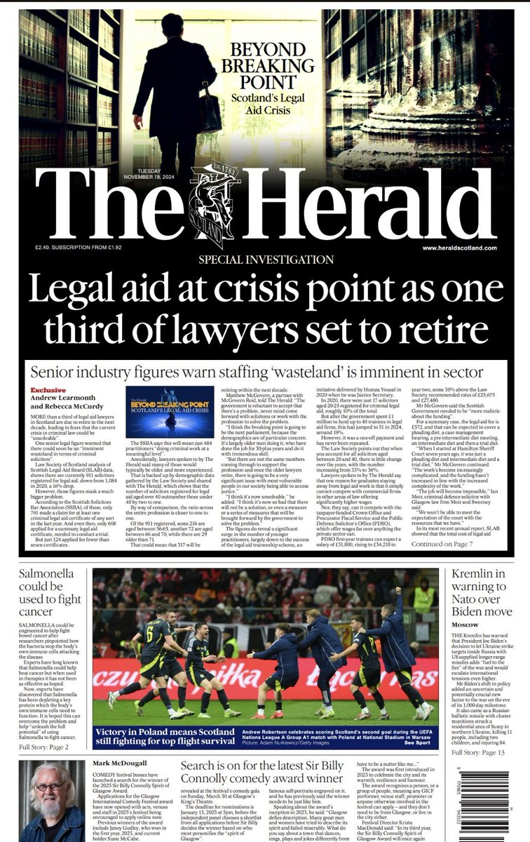 Here's the front page of tomorrow's <a href="/heraldscotland/">The Herald</a>. Day one of our look at legal aid in Scotland.  We're leading on the looming demographic crisis, with new figures showing more than a third of legal aid lawyers will hit retirement age in the next decade.