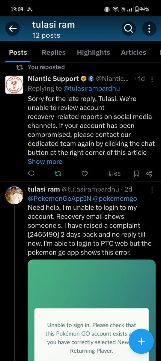 rockARaptor02/RA Media (@rayambaram) on Twitter photo <a href="/NianticHelp/">Niantic Support</a> <a href="/NianticLabs/">Niantic</a> My friend's <a href="/tulasirampardhu/">tulasi ram</a> #PokemonGO account is lost due to the hack he has been trying to get it recovered since a week and there is no proper response. We feel it is very unfair and need your help in getting in back. <a href="/NianticHelp/">Niantic Support</a> <a href="/NianticLabs/">Niantic</a> My friend's <a href="/tulasirampardhu/">tulasi ram</a> #PokemonGO account is lost due to the hack he has been trying to get it recovered since a week and there is no proper response. We feel it is very unfair and need your help in getting in back.