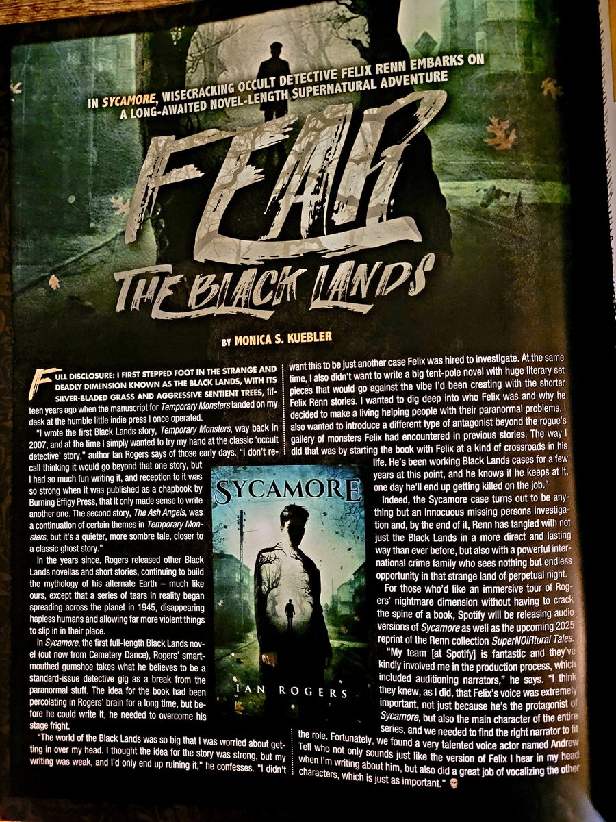 The latest issue of Rue Morgue magazine has a full page feature on SYCAMORE, the first book in the Black Lands series. On sale now! @RueMorgue