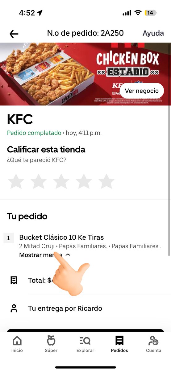 Elissiouss's tweet photo. PÉSIMO SERVICIO DE @Uber_MEX AL GESTIONAR UN PEDIDO DE @KFC_MEXICO, @Profeco qué puedo hacer si no me están haciendo válida la garantía de servicio porque no me están haciendo el reembolso por los productos incorrectos (TODO) que me mandaron?? #uberEats #KFC #Denuncia https://t.co/yEOHrwOrld