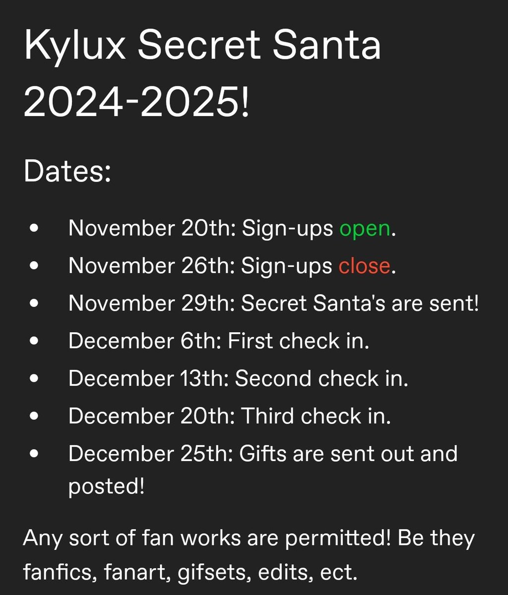 kyluxchrismas's tweet photo. KYLUX SECRET SANTA 2024!!!

Dates for signups and deadlines below!

#kylux #huxlo #kyluxsecretsanta #kyluxsecretsanta2024 https://t.co/xb3R0FIbvJ