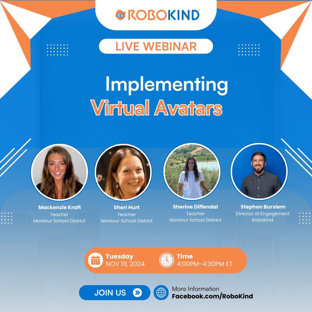 robokind's tweet image. Tomorrow&apos;s the Day! Don&apos;t Miss Our Exciting Webinar on Virtual Avatars! 🤖
🗓 Date: Tuesday, 11/19
⏰ Time: 4:00 PM - 4:30 PM ET

Tune in to gain valuable insights and see how you can transform learning in your own classroom!

#VirtualAvatars #EdTech #SpecialEducation