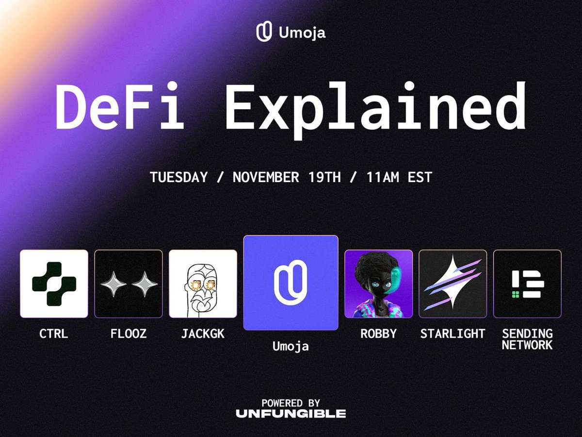 UmojaProtocol's tweet photo. We know most of you are winging DeFi–– you don't have to lie about it anymore. 😅

Tomorrow, we're creating a safe space for you to learn exactly what DeFi means as it's explained by the best of the best.

There's no better panel to get simple-to-understand insights about DeFi than this one!

Join us tomorrow at 11AM EST ⏰
RSVP ASAP BELOW ↓