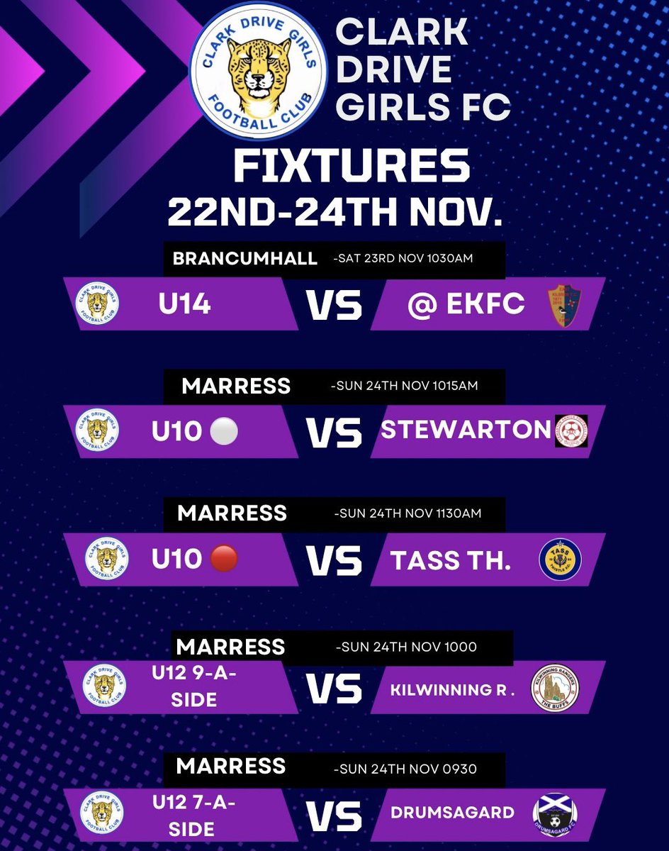 ⚽️ CLARK DRIVE GIRLS F.C 🔵⚪️

▶️ FIXTURES 22nd-24th November