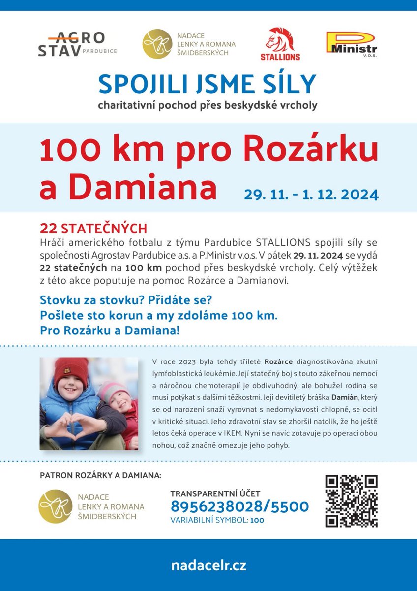 mstepni11's tweet photo. 1/7 Již počtvrté vyrazí 22 amerických fotbalistů Pardubice Stallions pod heslem "Spojili jsme síly" na pochod na podporu konkrétního projektu Nadace Romana a Lenky Šmidberských. 100km ve sněhu a blátě, s převýšením 5,5km, v pátek 29. 11. ráno z Třince do Frenštátu p. R. https://t.co/HmeR7LjZee