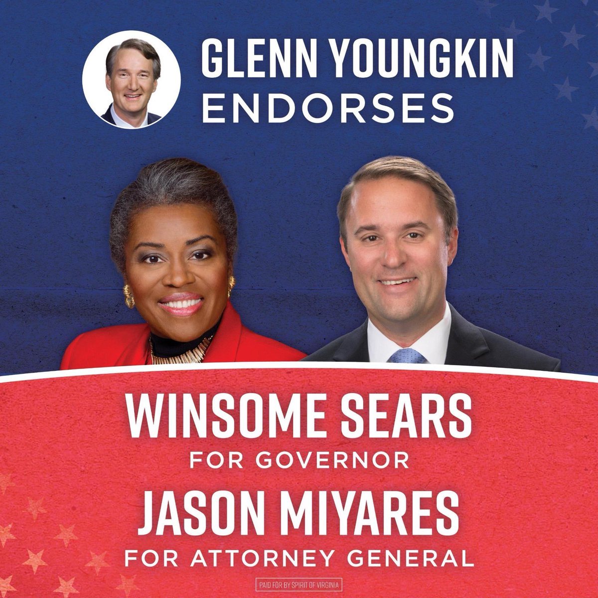 EricLDaugh's tweet photo. #BREAKING: Gov. Glenn Youngkin endorses Winsome Sears for Virginia governor in 2025

He also endorsed sitting Attorney General Jason Miyares for reelection. The election is Nov. 4, 2025.

"Both have been indispensable partners to advance our shared, commonsense conservative policies that have made Virginia the best state in America for business, backed the blue and cracked down on crime, stood strong for our military and veterans, and transformed education by raising teacher pay, re-establishing academic excellence, and empowering parents in their child’s education and life."

"Winsome has been an outstanding Lt. Governor, and she will be a great Governor. She has been an outspoken advocate for commonsense conservative principles and policies, a passionate voice for our military and veterans, and a relentless advocate for educational freedom and economic opportunity. She brings the fighting spirit of a Marine to the office every single day."

"As Attorney General, Jason vigorously defends the laws of the Commonwealth, stands with law enforcement every single day while leading our shared fight to end the free flow of opioids and fentanyl into our communities, and has been a constant advocate for victims of human trafficking and domestic violence. He has never backed down when it comes to standing up for Virginians. He is an exceptional Attorney General."