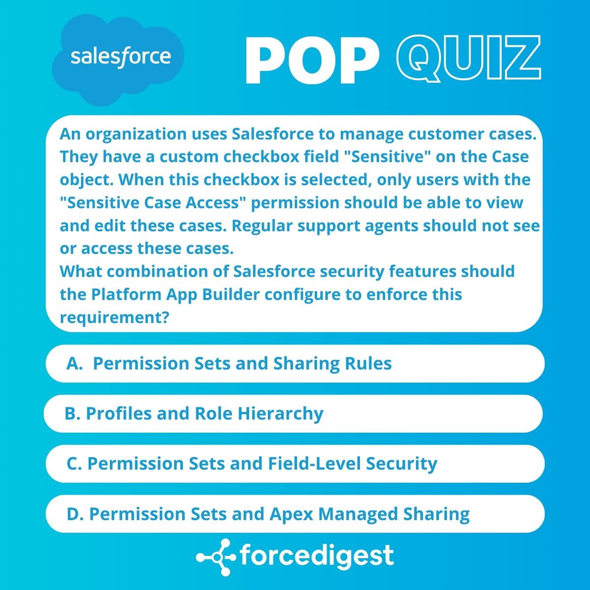 ForceDigest's tweet image. ✨ #ForceDigest Daily Pop Quiz - Salesforce Certified App Builder #SalesforceAppBuilder #Salesforce #certification #tech #techie #SalesforceCourse #techworld #SalesforceAI #artificialintelligence #SalesforceCert #SalesforcePlatform #ForceDigest #APEX #LearnAPEX #SalesforceAI