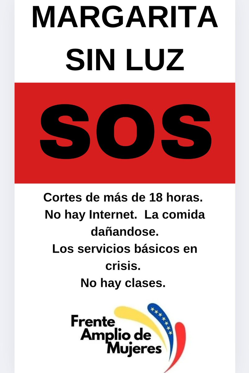 Nuestra solidaridad con todos los habitantes de Margarita por el cruel racionamiento de luz al que están siendo sometidos. Una semana y no hay respuesta, urgente demandan  soluciones.