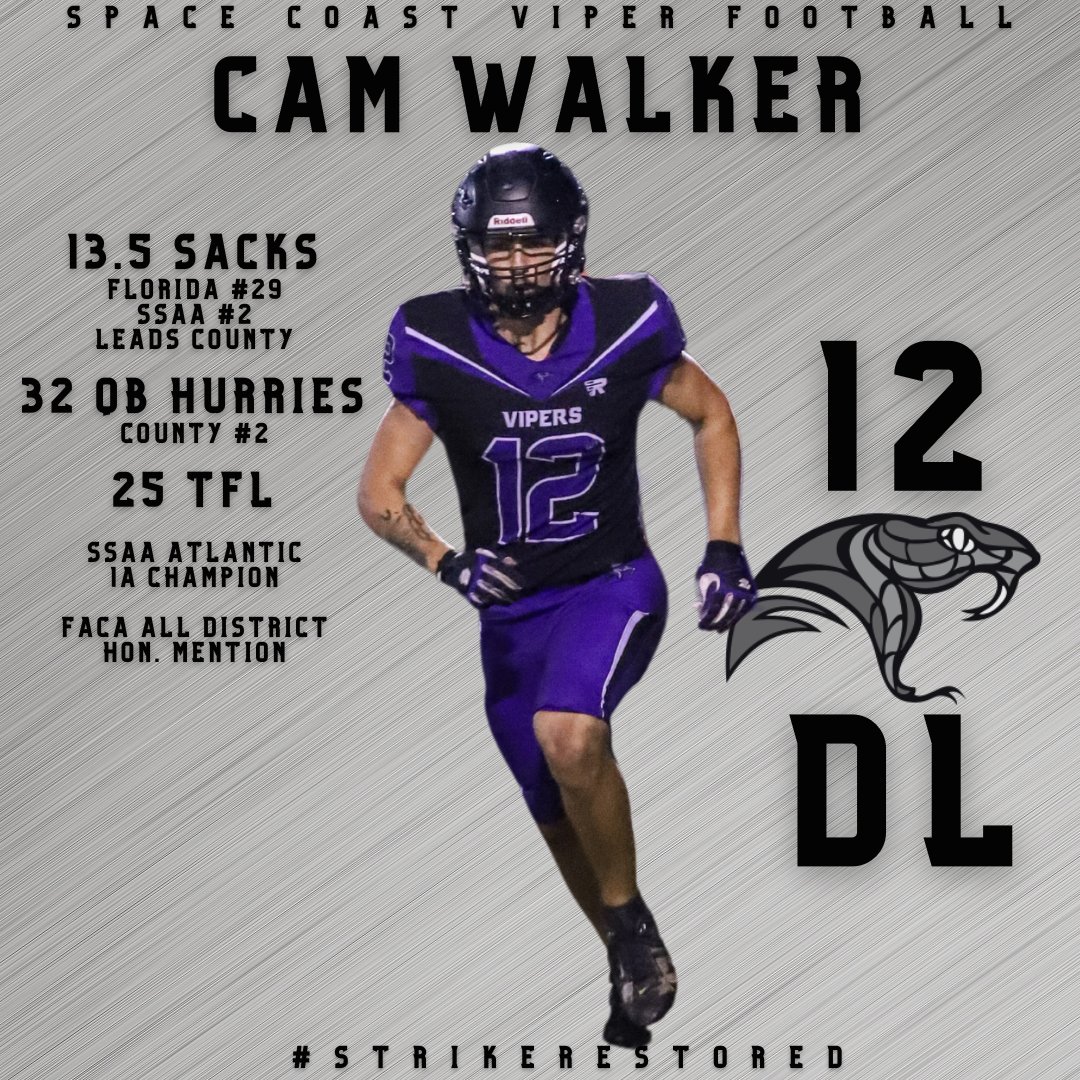 <a href="/Camron__Walker/">Cam</a> balled out this season! Leading Brevard with 13.5 sacks, and #2 at 32 QB hurries. He was a menace out on the field for <a href="/schsviperfb/">Space Coast High School Vipers Football</a>! #StrikeRestored