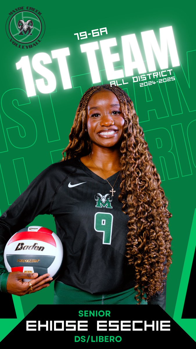 We are so proud of our Senior Captain Ehiose Esechie! In her senior season, she has broken the school record for digs in a season and earned herself a spot on the 19-6A All District 1st team 🏐 #TheCreekIsRising
