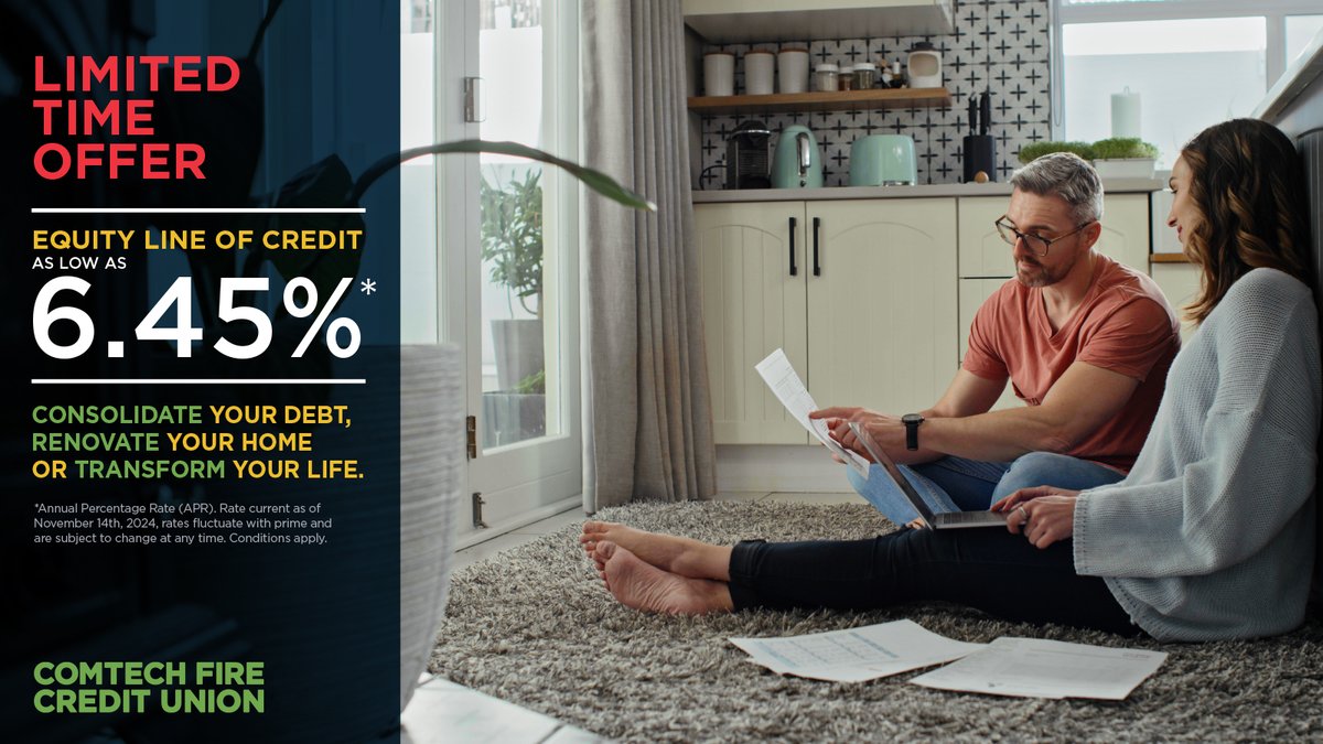 Dive into a stress-free future with our Equity Line of Credit starting at just 6.45% APR!

- No monthly fees
- Larger amounts available
- Pay interest only on what you borrow

Ready to take the next step? Apply now -  comtechfirecu.com/.../LinesOfCre…