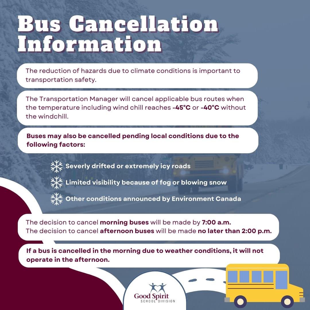 As the weather starts to drop into the negative temperatures, we wanted to share our bus cancellation information! Check it out - and stay warm and safe out there! 🚌

#gssd204 #businformation