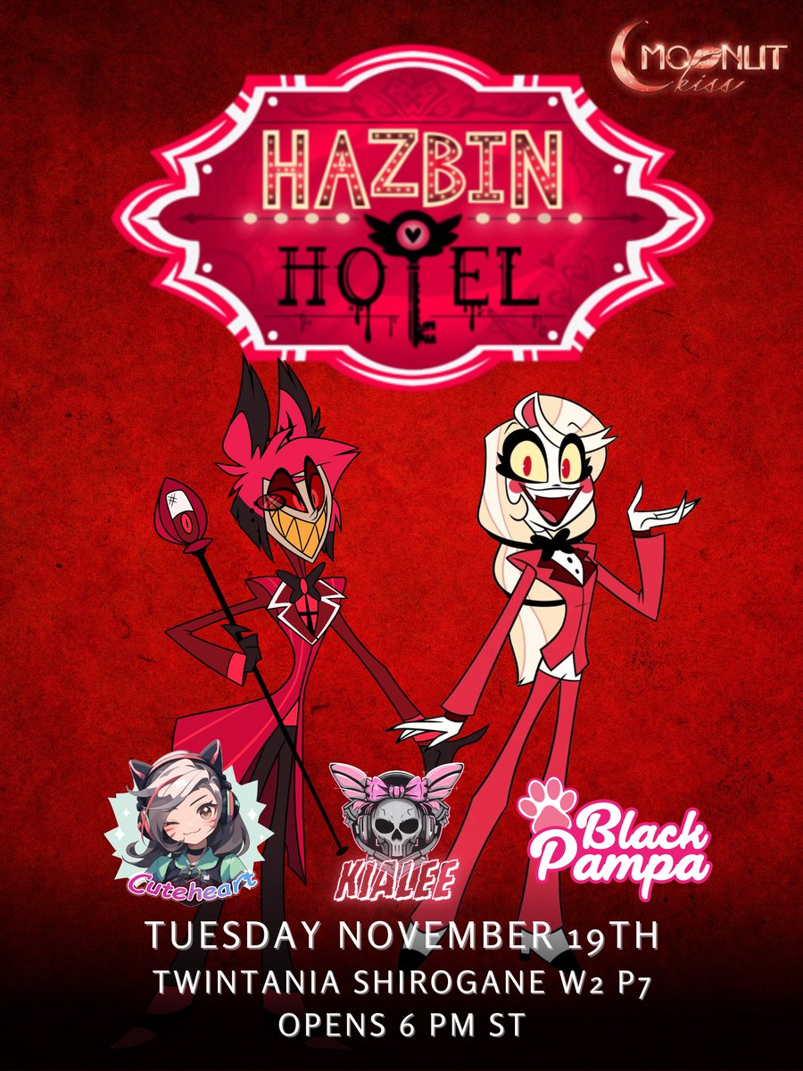 moonlitkissclub's tweet photo. Tomorrow night Moonlit Kiss EU is having a Hazbin Hotel Night. We are happy to welcome new biweekly resident Black Pampa. We love @SunnyCuteheart and @Kialeeeeeee as well. Doors open at 6 PM ST! https://t.co/gslfPDWtvV