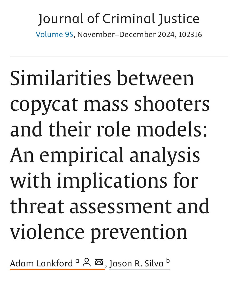 New article!

After studying hundreds of mass shooters &amp; 2000 simulated matches, we found role models and copycats are often similar in age, sex, race, country, location type, and resolution. Nearly 80% of copycats attacked &gt; 1 year later. 

Free access: authors.elsevier.com/a/1k3OD_14l7t%…