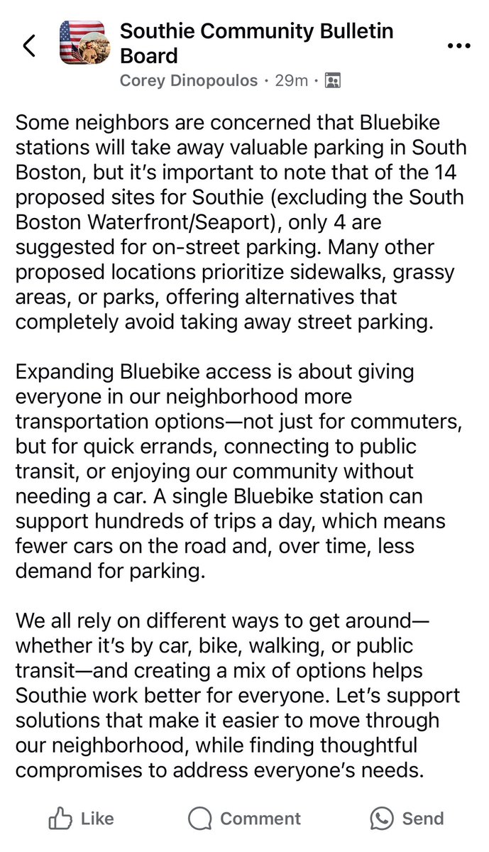 Excited to see <a href="/RideBluebikes/">Bluebikes</a> expand in Southie! While some worry about parking, most proposed stations prioritize sidewalks, grassy areas, or parks—not street parking. More bikes mean fewer cars, easier transit, and a stronger, more connected community. 🚲🚲🚲