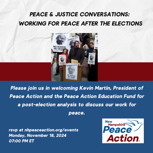 NHPeaceAction's tweet photo. Join us tonight at 7pm for Peace &amp; Justice Conversations: Working for Peace After the Elections with Kevin Martin of national Peace Action.
https://t.co/menyJ91t8U https://t.co/vF8VMxiJJW