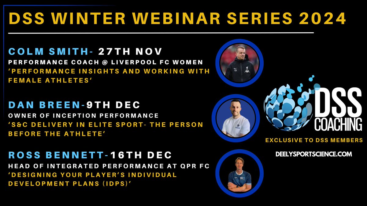 DeelySport's tweet photo. DSS WINTER WEBINAR SERIES 2024‼️

Join us for our DSS Winter Webinar Series beginning on Wednesday 27th November at 8pm with Colm Smith🏐⚽️

Colm is a Performance Coach at Liverpool FC and will be presenting ‘Performance insights and working with female athletes’ ⚽️🏐🏉 @ColmSmith13 

Looking forward to some great upcoming content 😀

*Exclusive to DSS members 
Sign up today ➡️ https://t.co/Z4IXmc4Gei