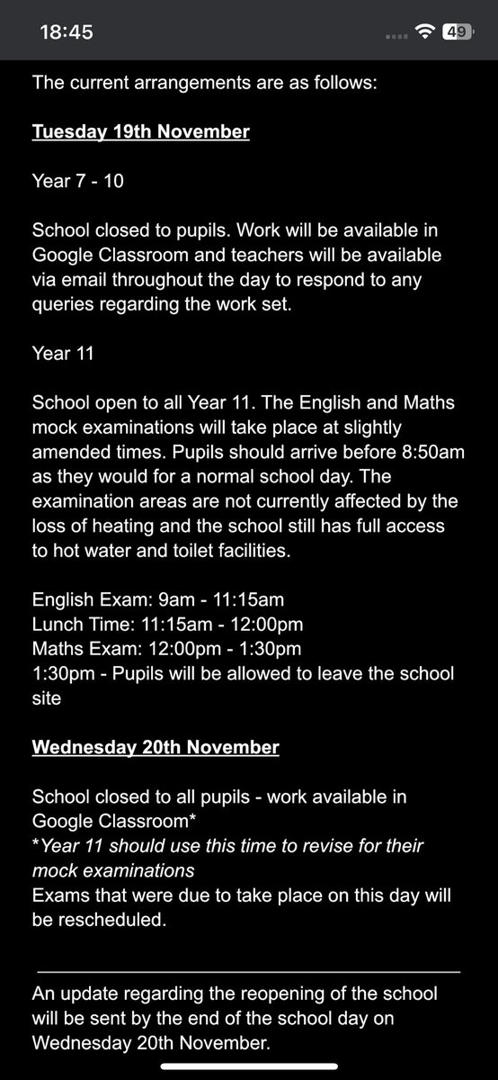 School closure due to heating fault: arrangements for Tues 18th &amp; Wed 19th Nov 24