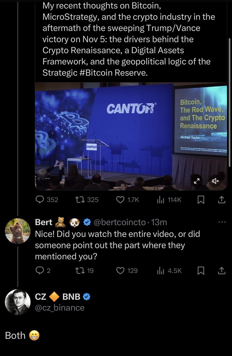 trader1sz's tweet photo. CZ replying to $BERT twitter. 

Lfg! https://t.co/xqWtRXDqw7
