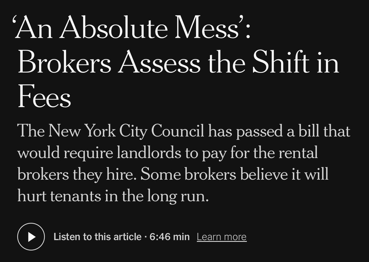 aaronAcarr's tweet photo. “An absolute mess” that NYC, one of the most unaffordable cities on planet earth, will now have a brokerage system that functions like every other city in the United States of America. Scary stuff! https://t.co/xbdDMqSyWk