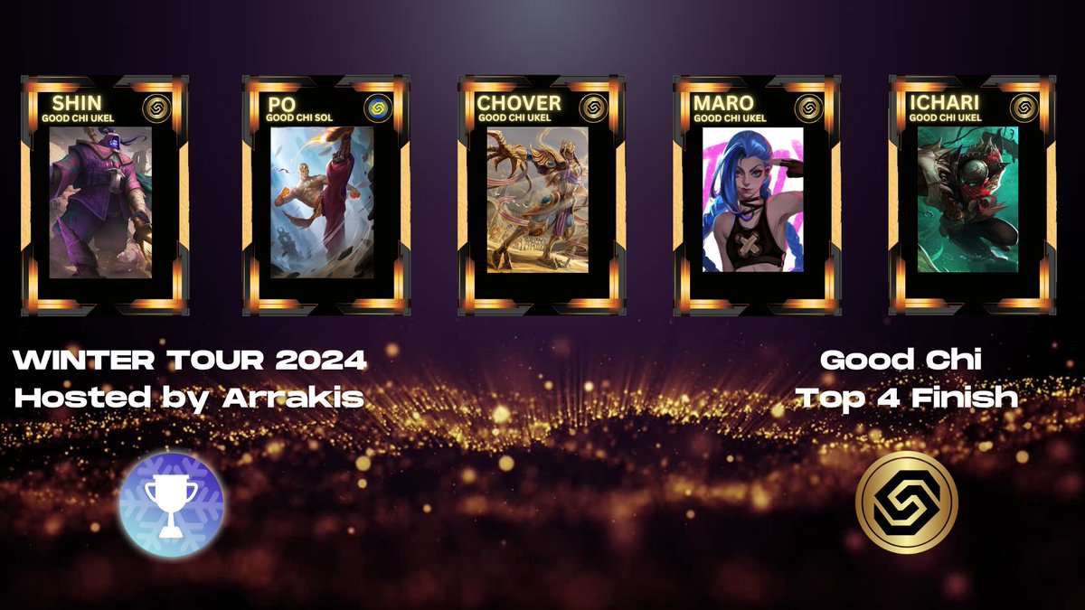 Over the weekend we competed in the Winter Tour 2024 hosted by <a href="/ArrakisESport/">Arrakis E-Sport</a> !

Some of the best played within Good Chi competed and accomplished a top 4 finish. 

We finish the tournament having beaten LFL, LVP and EUMasters players. 

A highlight video will come soon!