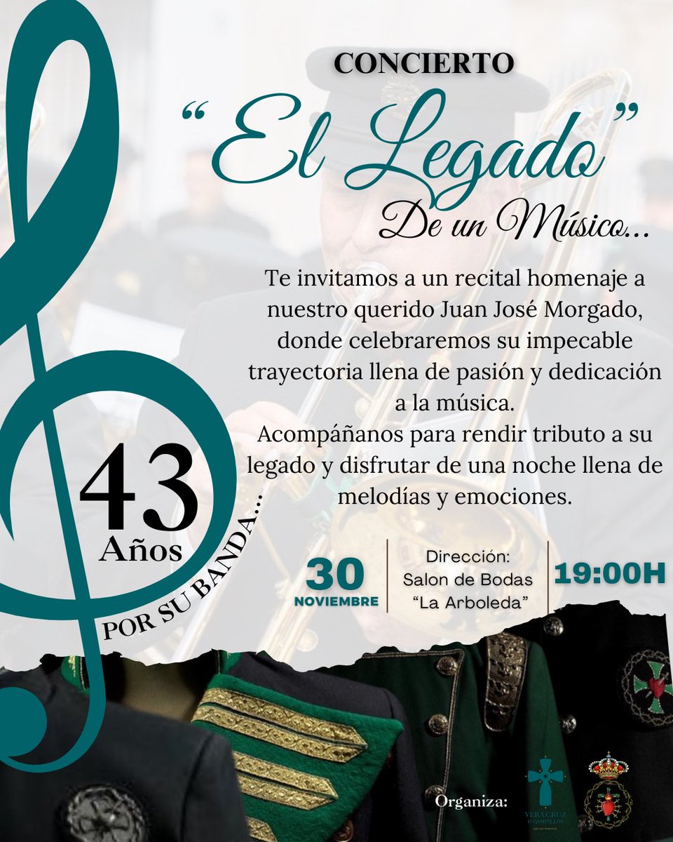 ✨El próximo sábado día 30 de noviembre, te invitamos al concierto que realizaremos en homenaje a nuestro compañero Juan José Morgado, para celebrar su trayectoria en nuestra formación

📍Salón de Bodas “La Arboleda”
🕖 19:00h

¡Acompáñanos este día tan especial!💚
#somosveracruz