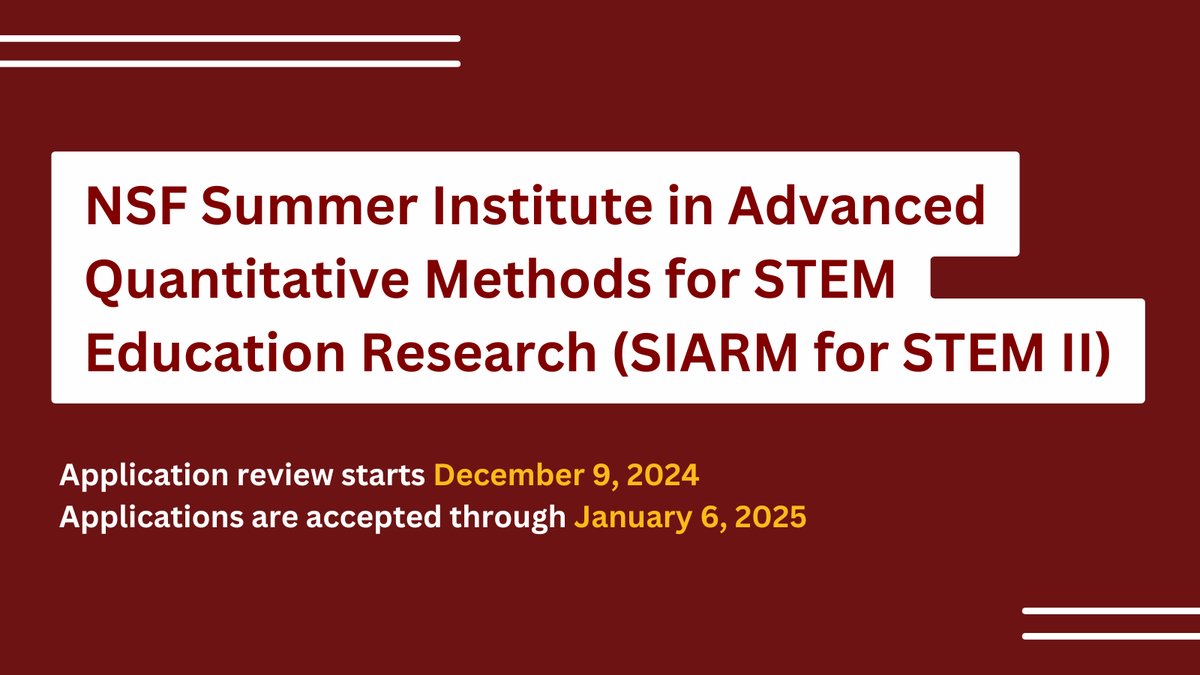 NSF ECR Hub (@ecrhub) on Twitter photo Are you a #STEM ed. early- or mid-career researcher working to broaden participation in STEM?
Apply for the <a href="/NSF/">U.S. National Science Foundation</a>-funded Summer Institute in Advanced Quantitative Methods for STEM Education Research (SIARM for STEM II)!
App review starts Dec. 9: voices.uchicago.edu/nsf-siarm/ Are you a #STEM ed. early- or mid-career researcher working to broaden participation in STEM?
Apply for the <a href="/NSF/">U.S. National Science Foundation</a>-funded Summer Institute in Advanced Quantitative Methods for STEM Education Research (SIARM for STEM II)!
App review starts Dec. 9: voices.uchicago.edu/nsf-siarm/