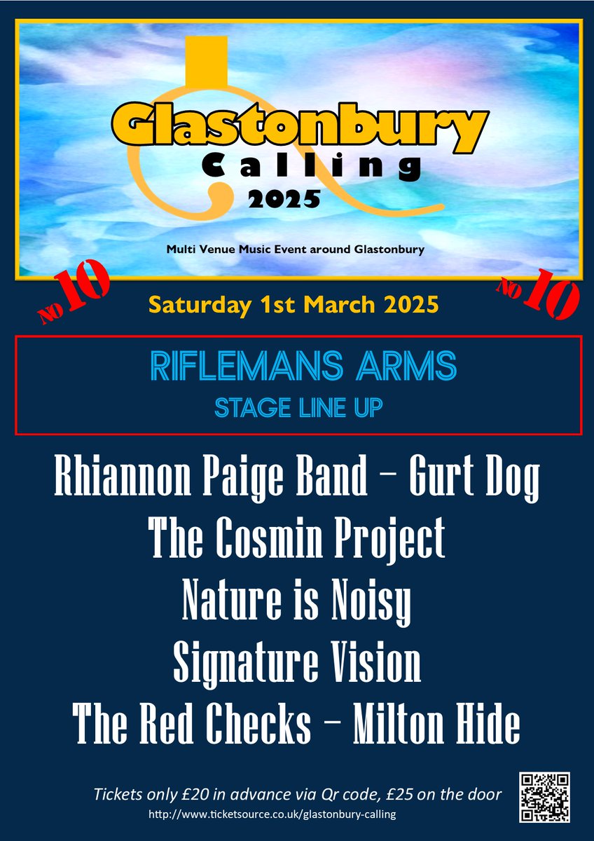Glastonbury Calling 10  line up for The Riflemans Arms, Glastonbury on Saturday 1st March.
Rhiannon Paige Band, Gurt Dog, The Cosmin Project, Nature is Noisy, Signature Vision, The Red Checks, Milton Hide.
ticketsource.co.uk/glastonbury-ca…