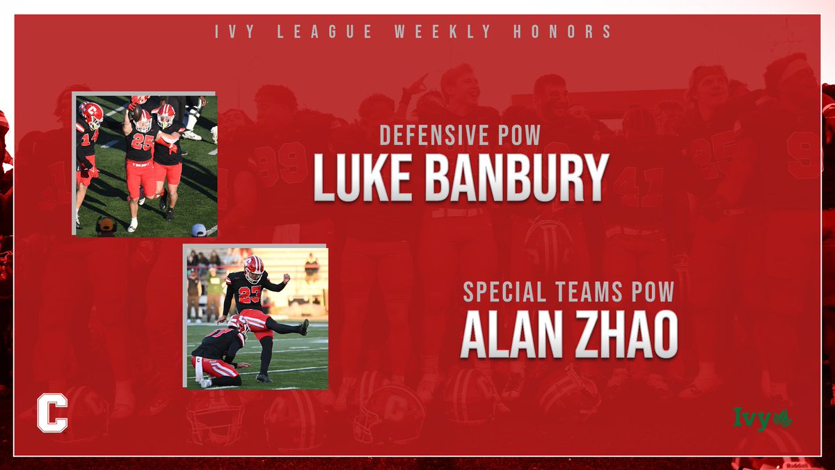 Cornell Big Red (@cornellsports) on Twitter photo Congrats to Luke Banbury (Defensive) and Alan Zhao (Special Teams) on being named Ivy League Football Players of the Week after helping <a href="/BigRed_Football/">Cornell Football</a> defeat #24 Dartmouth, 39-22. #YellCornell
bit.ly/4hNwpWN Congrats to Luke Banbury (Defensive) and Alan Zhao (Special Teams) on being named Ivy League Football Players of the Week after helping <a href="/BigRed_Football/">Cornell Football</a> defeat #24 Dartmouth, 39-22. #YellCornell
bit.ly/4hNwpWN