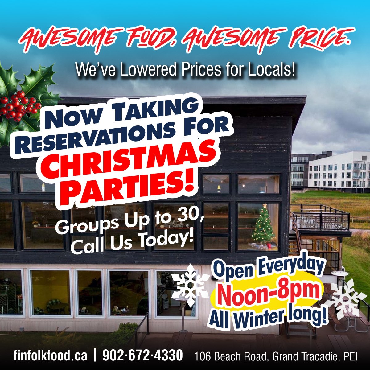Tim_Banks's tweet photo. We’re now hosting Christmas parties for small groups of up to 30 here at FiN! 🎄
Call Micah or Courtney at 902.672.4330 📞
NOW OPEN EVERYDAY: All. Winter. Long. (Noon- 8PM) ❄️
AWESOME FOOD, AWESOME PRICES… 💯
#Blackbush #AwesomeFood #AwesomePrices https://t.co/rquZqhzdIm