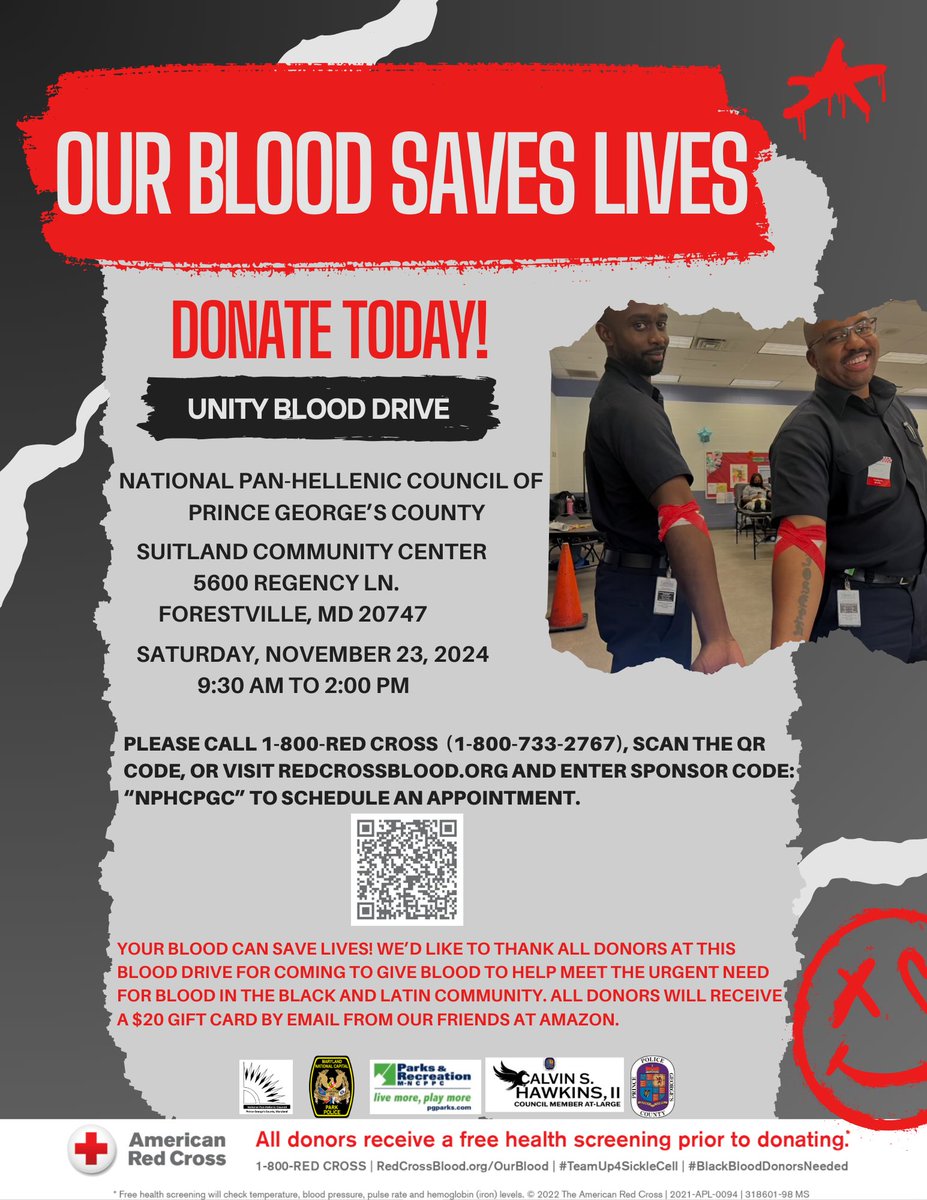 We're collaborating with @redcrossncgc and @nphc_pg on a blood drive this Saturday 11/23/24! Please sign up to donate by calling the Red Cross: 1 (800) 733-2767. You can also visit redcrossblood.org and enter “NPHCPGC” to schedule an appointment.