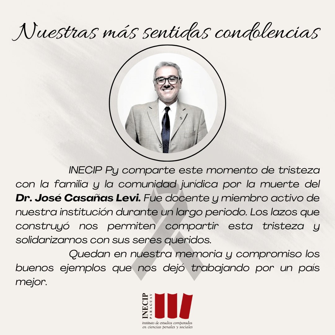 Lamentamos profundamente la partida del Dr. José Casañas Levi
Compartimos este momento de tristeza con su familia y la comunidad jurídica, recordando los lazos que construyó y los buenos ejemplos que nos dejó trabajando por un país mejor.