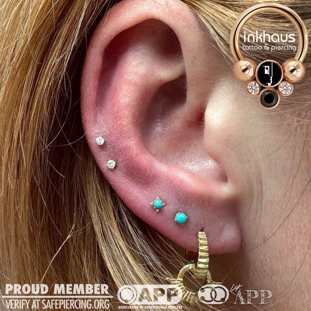 Yellow gold and turquoise is such a vibe! 💛🩵 This client chose some gorgeous yellow gold and turquoise ‘Zia’s from @ANATOMETAL and they work so beautifully with her other piercings. 🤩 #safepiercing