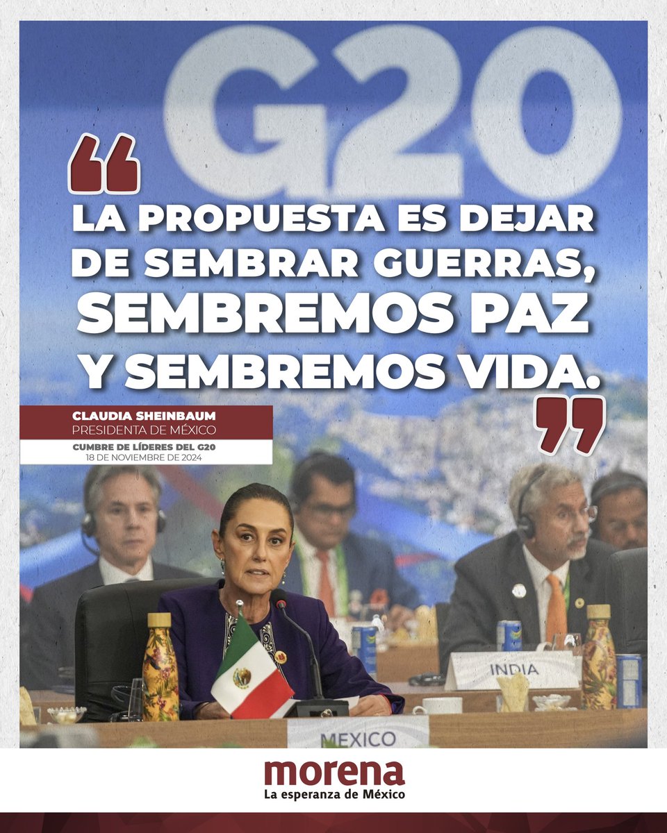 La Presidenta de México, @ClaudiaShein, acudió a la Cumbre del G20 y, con la profunda formación humanista y ambientalista que la caracteriza, propuso destinar el 1% del gasto militar mundial a la reforestación del planeta. 

Es decir, propuso que el programa que creó el