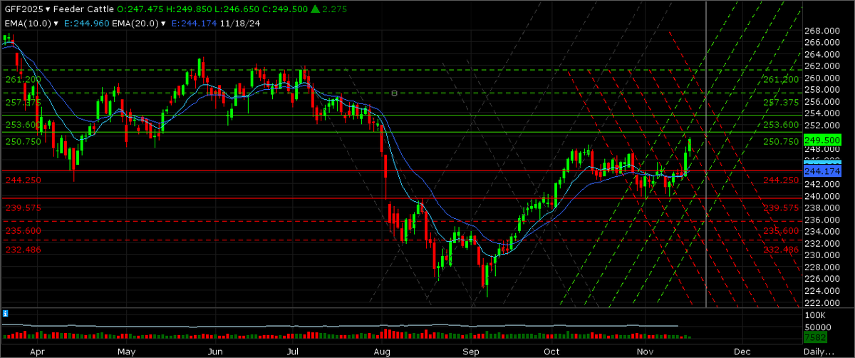 mbacowboy's tweet photo. Feeder cattle have broken out of a 6-week range, and appear headed for the summer trading range. I believe $253 is highly likely, with $256 absolutely attainable. Another leg equal to the Sep-October run takes the contract to the gap at $265 from March, which isn't impossible. https://t.co/I8FUZkdCf0