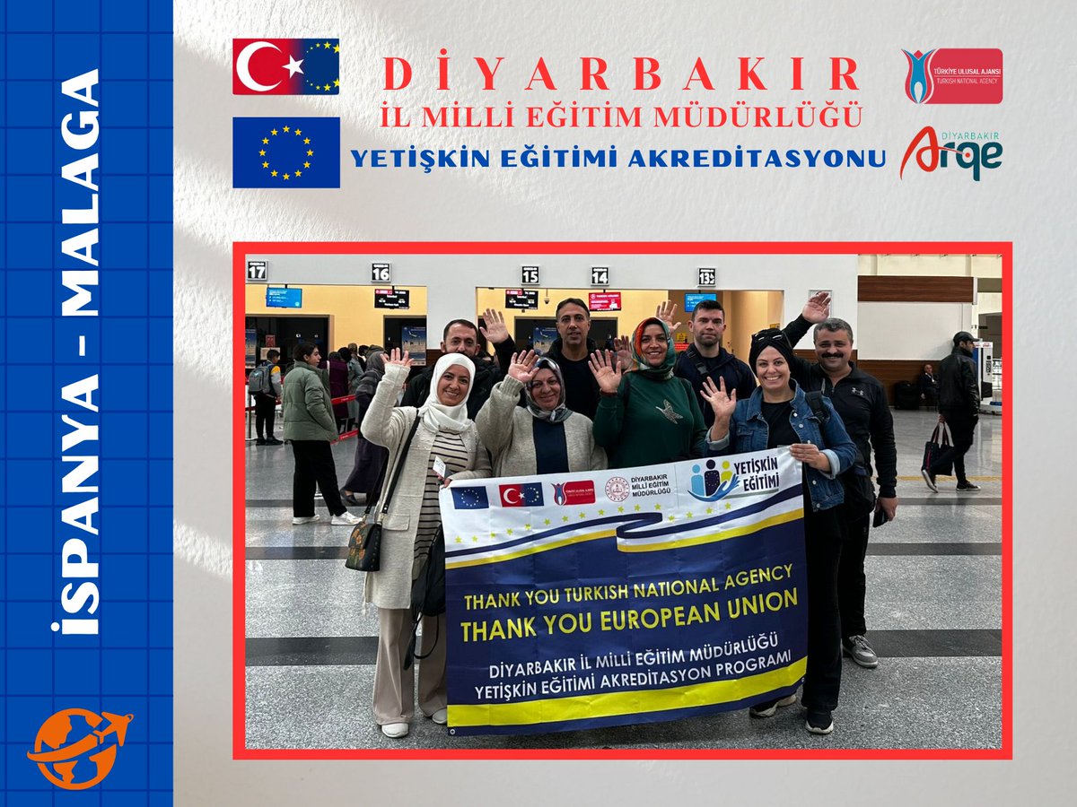 🇪🇺🇹🇷 Erasmus+Yetişkin Eğitimi Akreditasyon Programı çerçevesinde 17-23 Kasım 2024 tarihleri arasında Kurs faaliyetine katılacak olan 10 Öğretmenimiz İspanya’nın Malaga şehrine hareket ettiler.

<a href="/tcmeb/">Millî Eğitim Bakanlığı</a> <a href="/Yusuf__Tekin/">Yusuf Tekin</a>
<a href="/ulusalajans/">Türkiye Ulusal Ajansı 🇹🇷 Turkish NA</a> <a href="/Murat4Kucukali/">Murat Küçükali</a>