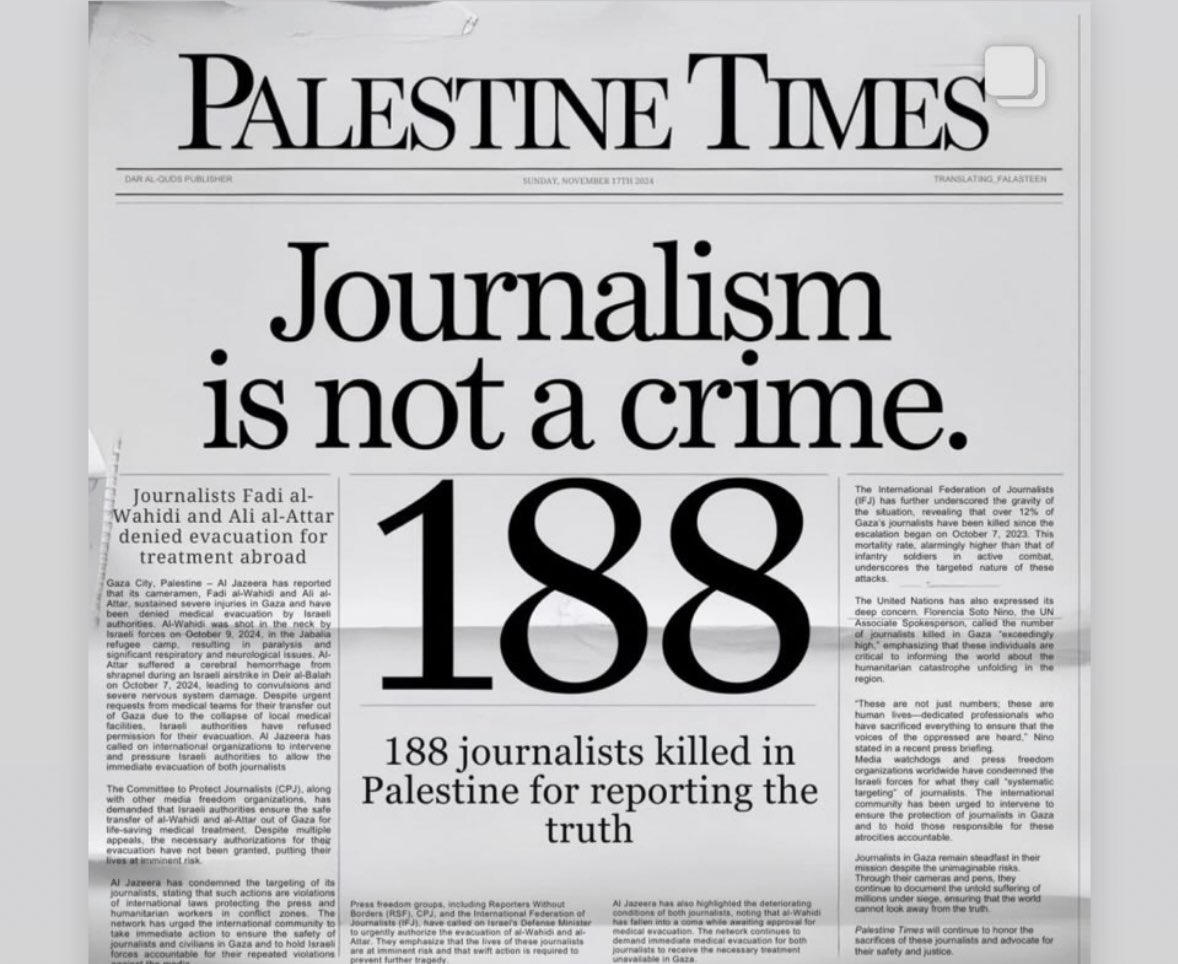 188 journalists were murdered in Palestine for reporting the truth.

One hundred &amp; eighty eight.