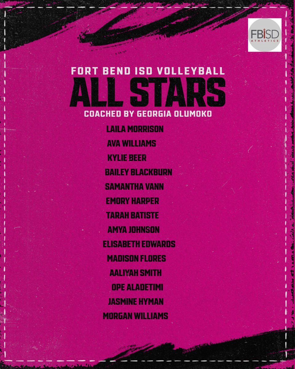 Congrats to our FBISD Senior Volleyball All Stars.  The game will be held at Wheeler FH, November 30th at 11:00 am. Coach Crite from Ridge Point HS and Coach Olumoko will be our FBISD VB All Star Coaches.  Tickets can be purchased on gofan.co