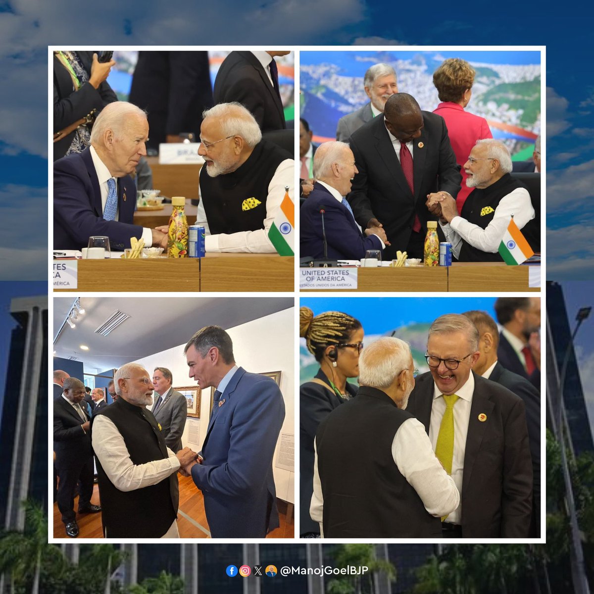 ManojGoelBJP's tweet photo. Hon'ble PM Shri @narendramodi ji meeting nation heads, or I say, his global friends at the #G20 summit in #Brazil.

#Rio
#NarendraModi
#ModiInspires
#ModiVision
#ModiForDevelopment
#ModiLeadership
#BrandModi
#PMModi
#G20Brazil
#G20Summit
#G20summit2024
#G20InBrazil  
#PMModiInBrazil  
#PMModiBrazilVisit