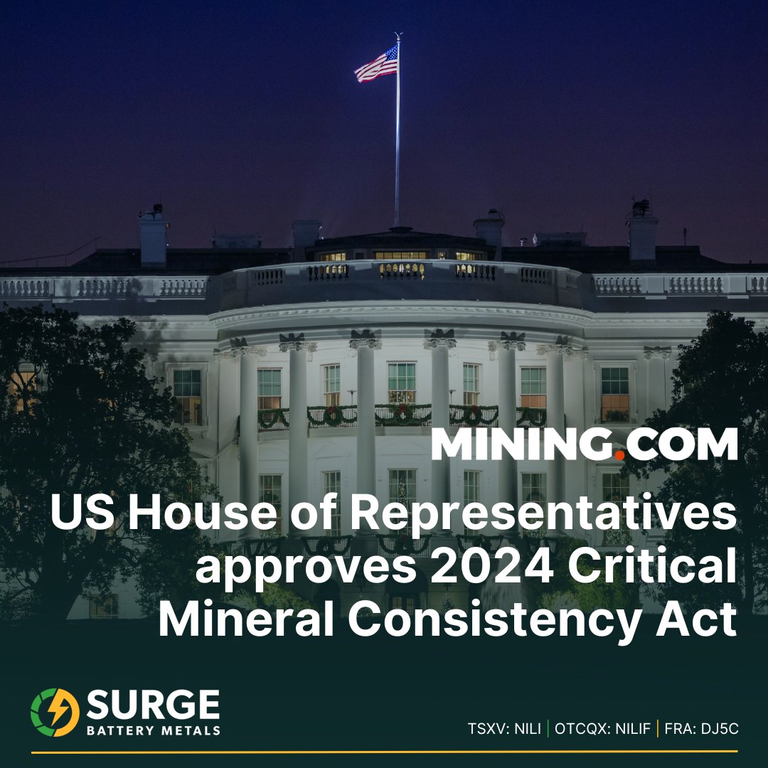 SurgeBattery's tweet photo. US House of Representatives approves 2024 Critical Mineral Consistency Act

The Critical Mineral Consistency Act of 2024 could be a game-changer for lithium companies in Nevada. By streamlining permitting & boosting domestic mining, it paves the way for faster project approvals and secures America’s clean energy future. ⚡

🗞 @Mining: https://t.co/rttxd8IT1E

(🇨🇦 $NILI | 🇺🇸 $NILIF | 🇩🇪 DJ5C)
#EVs #Lithium #BatteryTech #Nevada #Energy #Mining