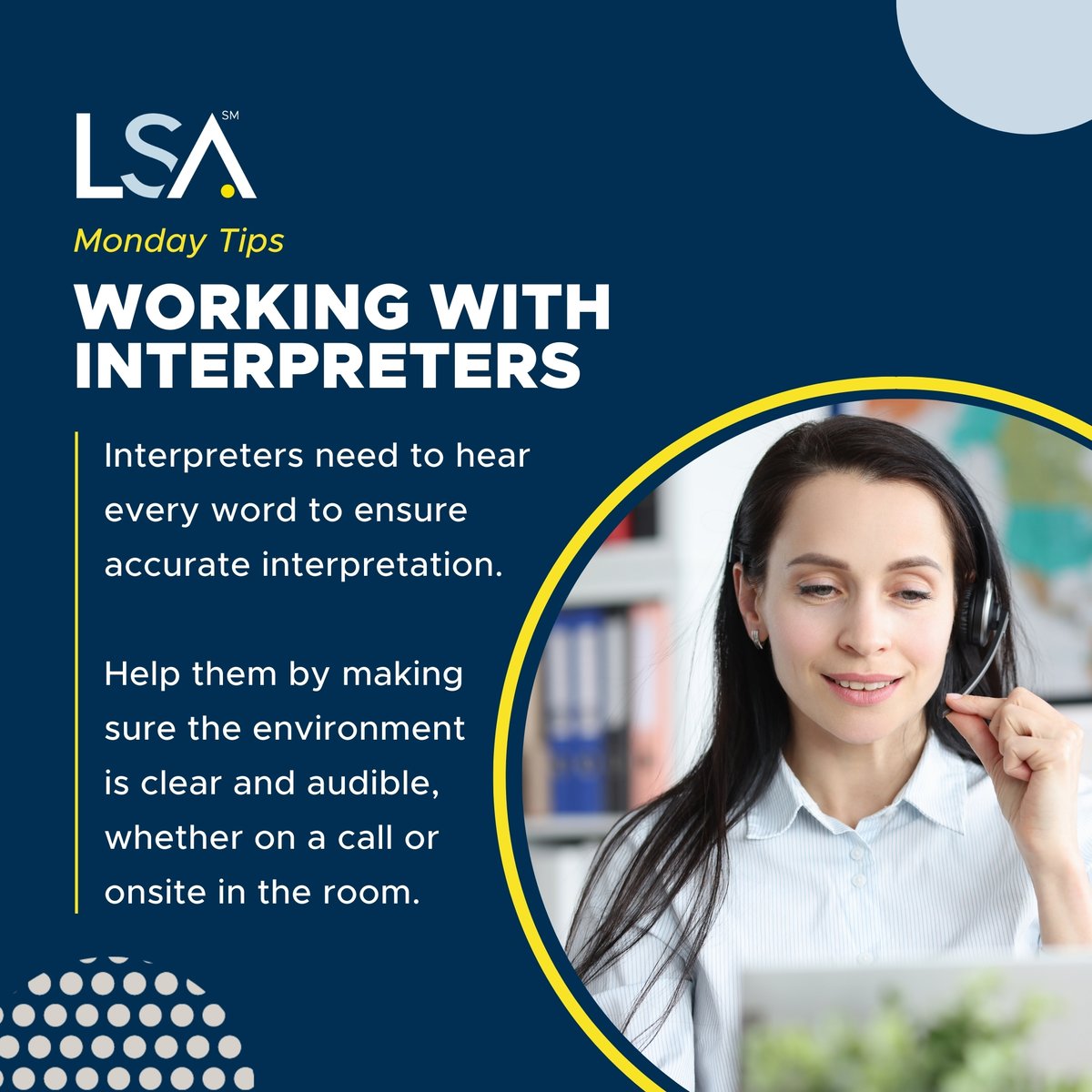 LSAWeb's tweet image. #Interpreters need to hear every word to ensure accurate interpretation 🗣. Help them by making sure the environment is clear and audible, whether on a call or #onsite in the room. #WorkingWithInterpreters #ClearCommunication