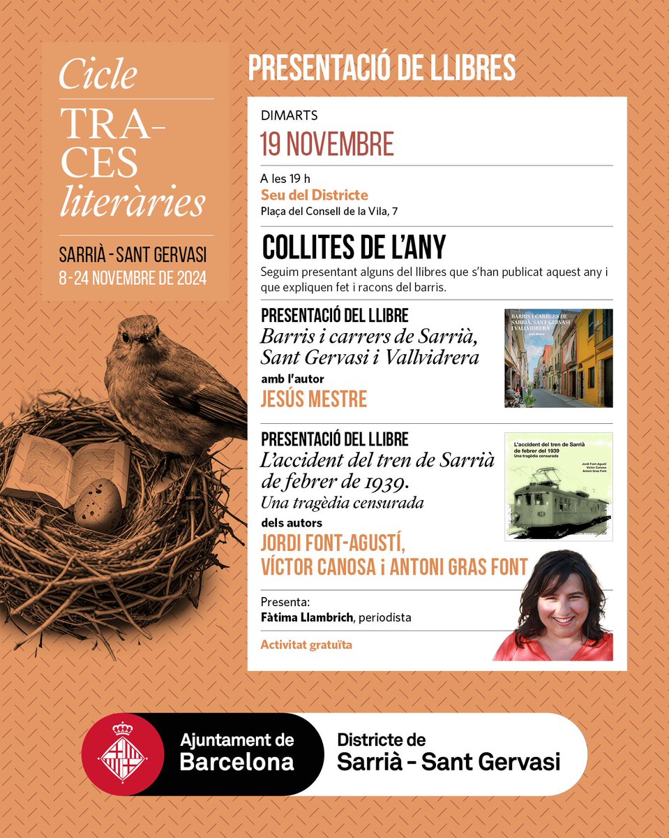 ✨ PRESENTACIÓ DE LLIBRES!
Sabies que a #SarriáSantGervasi tenim molts escriptors i escriptores ✍️?
Demà dimarts 19, tindrem 2️⃣ COLLITES DE L'ANY de #Traces_SST, a la seu del #districte <a href="/Bcn_SSTG/">Sarrià - Sant Gervasi</a> a les 19h.

Presentat per <a href="/fatimallambrich/">Fàtima Llambrich</a>