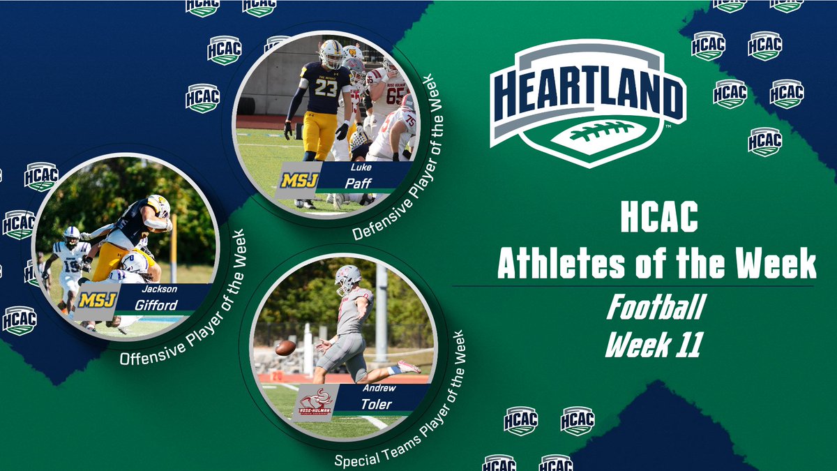 HCAC Football | Athletes of the Week

Congrats to the Football Athletes of the Week:
Offensive: Jackson Gifford, <a href="/MSJ_Lions/">Mount St. Joseph University Athletics</a>
Defensive: Luke Paff, <a href="/MSJ_Lions/">Mount St. Joseph University Athletics</a>
Special: Andrew Toler, <a href="/RHITsports/">Rose-Hulman Sports</a>

Full Release: tinyurl.com/yzszbzww

#TheHeartOfD3 | #D3FB