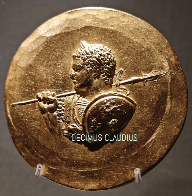 A huge Roman gold medallion showing the Emperor Caracalla in military attire wearing a laurel crown. He was a co-emperor staring from 198 AD until his father died in 211 AD, when he ruled with his brother Geta until that December, when Caracalla most likely ordered the assassination of his brother through the Praetorian Guard. Caracalla then became sole emperor and in the next year proclaimed all free men in the Roman Empire to have Roman citizenship through the "Constitutio Antoniniana". Additional eventful developments in his reign followed. During hostilities with Parthia in 217 AD, Caracalla was killed on the side of the road, stopping to urinate, by a bitter Roman soldier who did not get a promotion.

This impressive piece of art was probably minted in Veroia (in modern day northern Greece) centuries after it became part of the Roman Empire. It was found with 19 other medallions, 600 gold coins and 20 stamped gold ingot in Aboukir, Egypt in 1902. In Gulbenkian Museum in Lisbon.