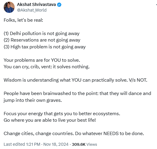 True #merit is to talk of air pollution &amp; taxes, but still find a way in that also to discredit caste-reservations! 🙏 (bear in mind SC ST OBC are not setting policy tht creates air pollution or tax regimes).

Savarna Solution: ofc, leave the country 😅