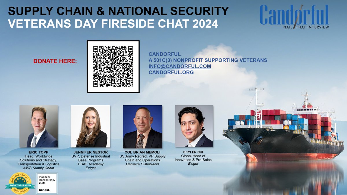 If you weren't able to attend the <a href="/TeamCandorful/">Candorful</a>  #VeteransDay #SupplyChain Fireside Chat, it's not too late to support!

Donate to Candorful to support Military, Veterans &amp; MilSpouses as they make career transitions. 

See QR Code in image.
<a href="/ExigerLLC/">Exiger</a> <a href="/BoozAllen/">Booz Allen Hamilton</a> Groundswell
