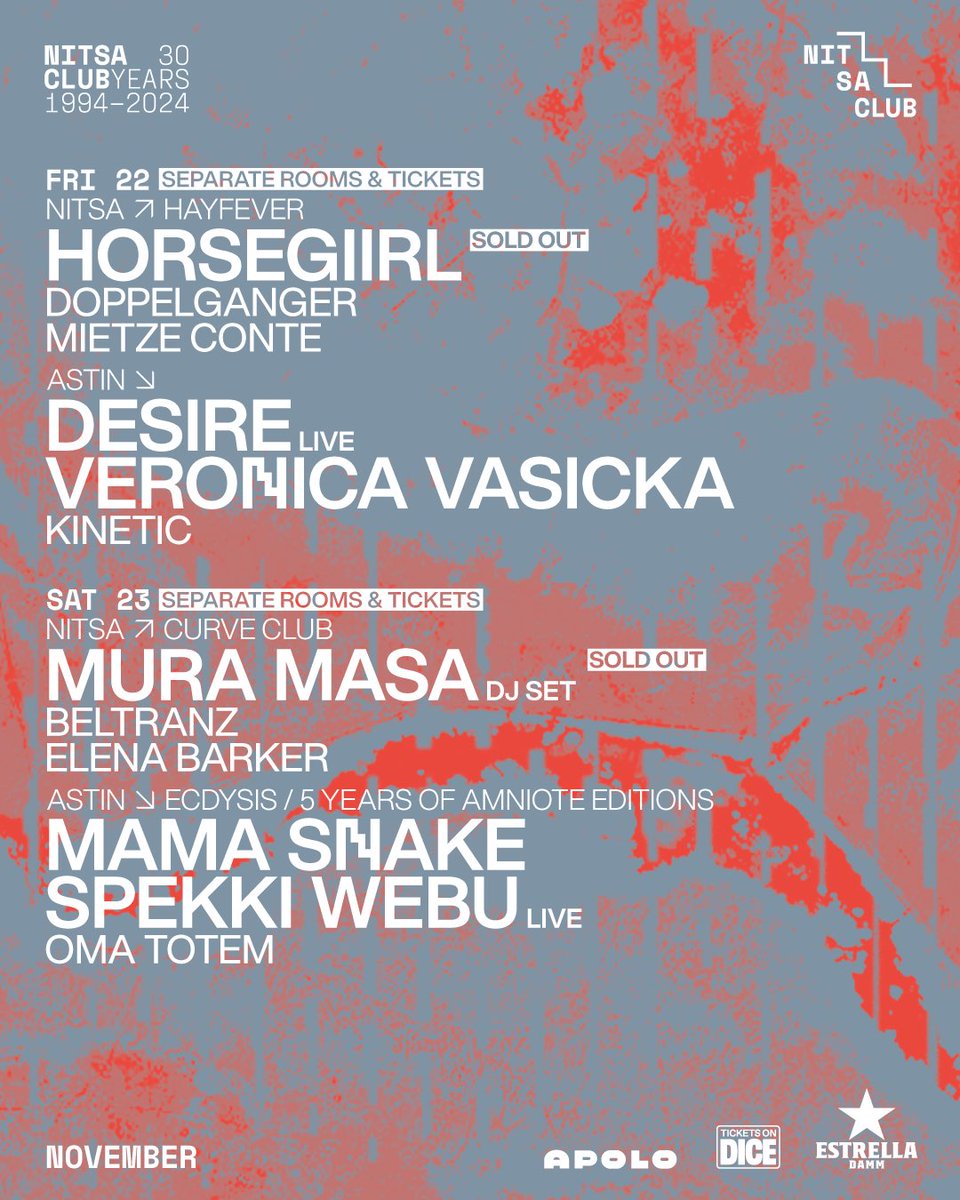 💥 WOW: All tickets for <a href="/horsegiirL420/">⋆˚ 𝜗𝜚</a> presents 𝘏𝘢𝘺𝘧𝘦𝘷𝘦𝘳 and <a href="/mura_masa_/">xander</a> presents 𝘊𝘶𝘳𝘷𝘦 𝘊𝘭𝘶𝘣 next weekend are sold out!

There are still tickets left for <a href="/primitivedesire/">Desire</a> 𝘓𝘪𝘷𝘦, Veronica Vasicka, Mama Snake, Spekki Webu 𝘓𝘪𝘷𝘦…

🎟 dice.fm/promoters/nits…