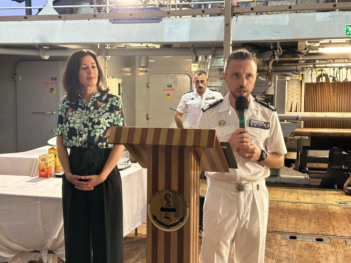 ambafrancefj's tweet photo. On her first visit to #Lautoka, 🇫🇷 Ambassador to 🇫🇯, Ms. Julie Le Saos and Lieutenant-Commander Eric Zundel were honoured  to host a reception for members from the defence, business and 🇫🇷 community aboard the #French Navy ship D’Entrecasteaux last night. https://t.co/0jHBqqnSgy