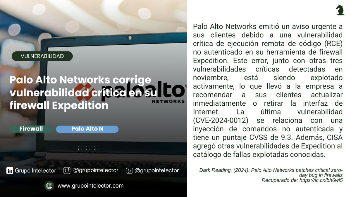 GIntelector's tweet image. Palo Alto Networks parchea vulnerabilidad crítica de día cero en su firewall Expedition. La amenaza está activa. Actualiza tu sistema o desconéctalo de Internet para evitar ataques.
Nota completa: lc.cx/bh6wl5
#Ciberseguridad #PaloAltoNetworks #Intelector #Noticia