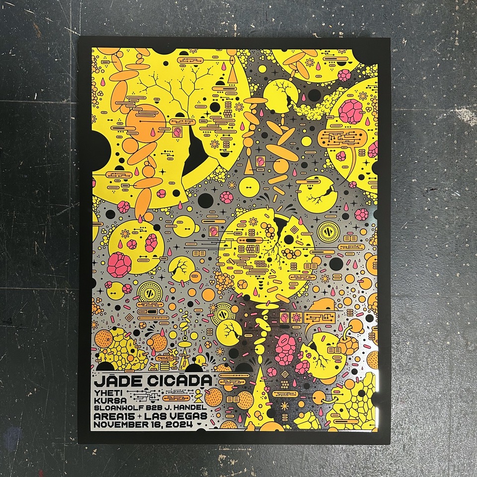 new shiny 4 colour screenprint poster for <a href="/JadeCicada/">Jade Cicada ➡️ Bluesky/Threads</a> 🫡